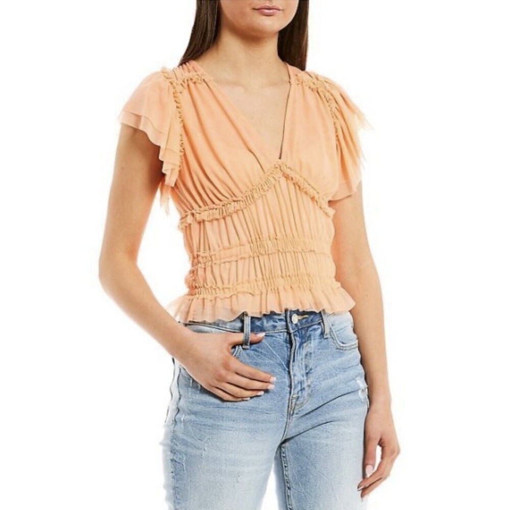 mm mm mm Women’s Size Medium Short Sleeve Ruffle Mesh Smocked Top